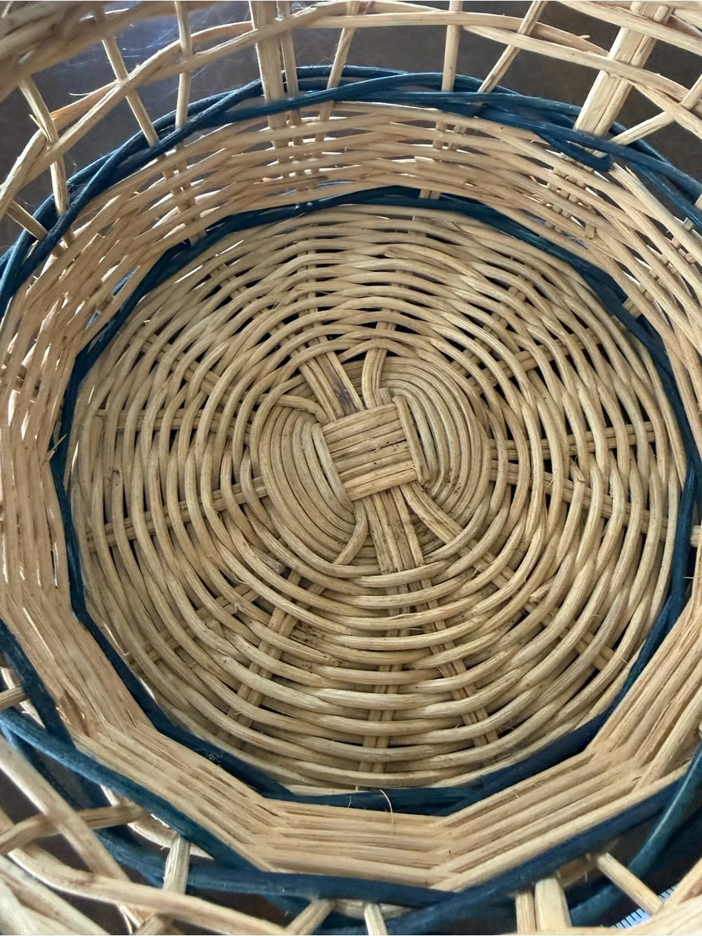 Vintage Wicker Basket Ceramic Grape Handle Blue Trim Cottage Farmhouse Decor